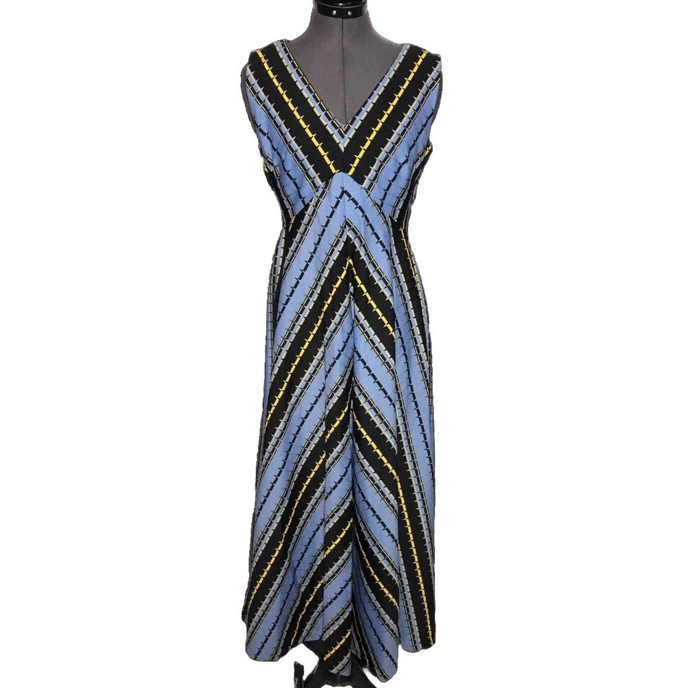 Vtg 60s 70s Chevron Knit Maxi Dress Blue Yellow Black Geometric Print B-36 W-30